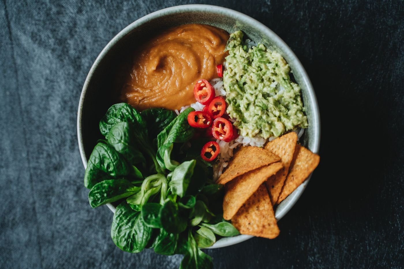 Guacamole Rice Bowl with Chipotle Sweet Potato Mash