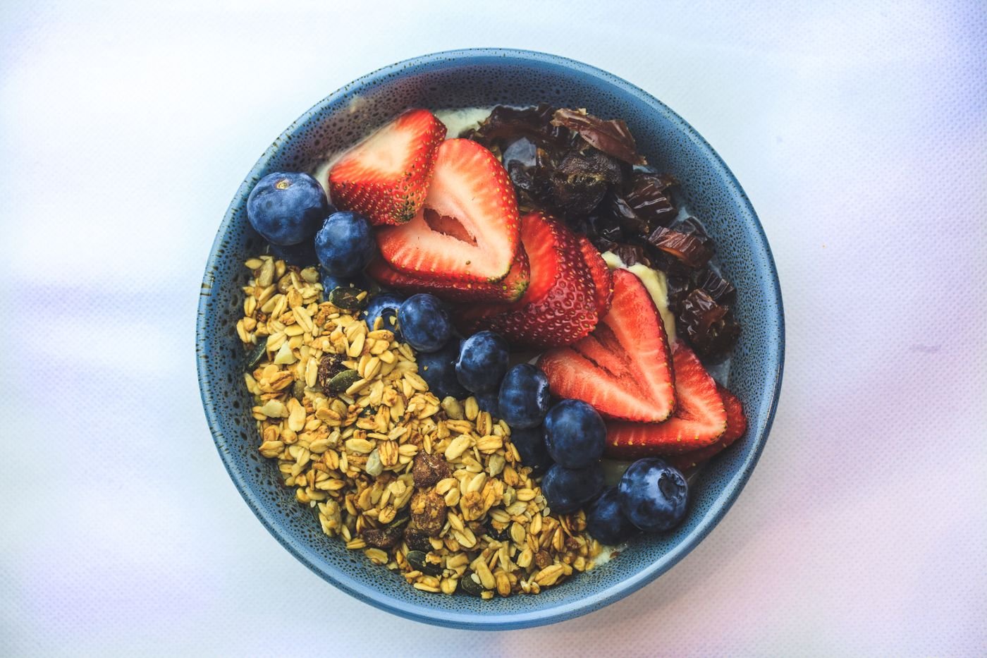 Crunchy Granola Bowl with Strawberries, Blueberries and Dates