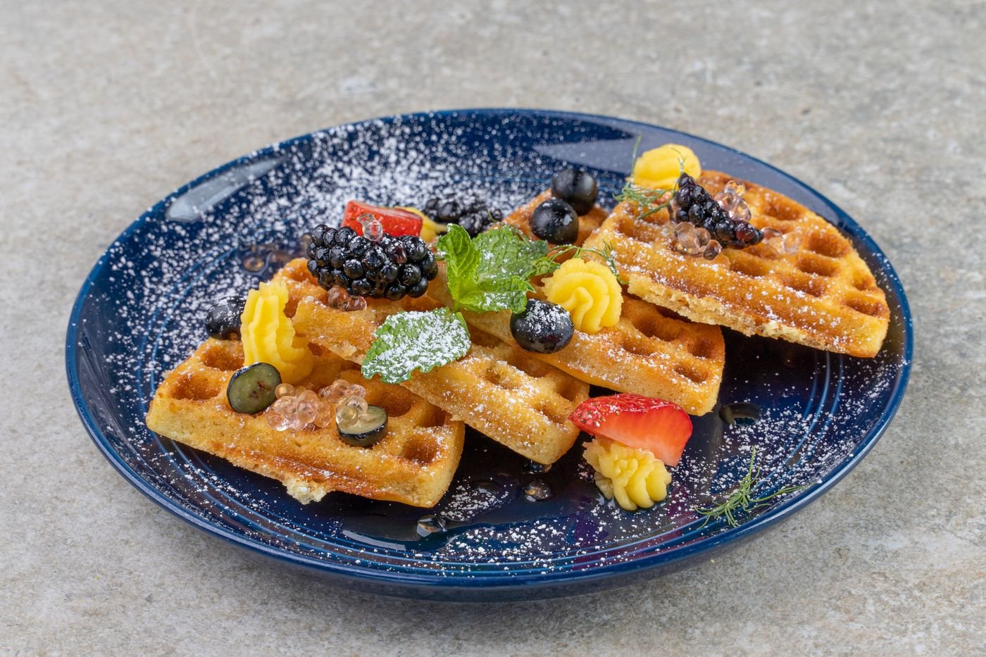Crisp Waffle Wedges with Vanilla Custard and Mixed Berries