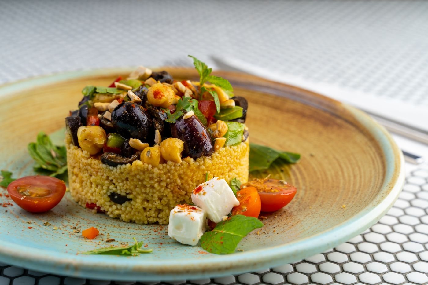 Couscous Tower with Roasted Eggplant, Chickpeas and Feta