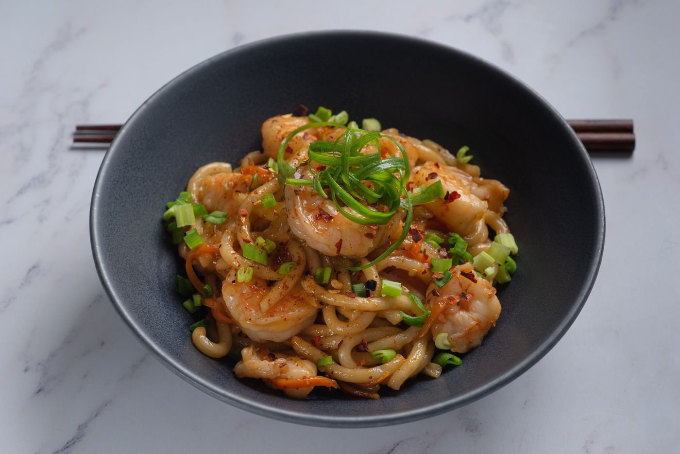 Chili Garlic Shrimp Udon with Scallion Curls