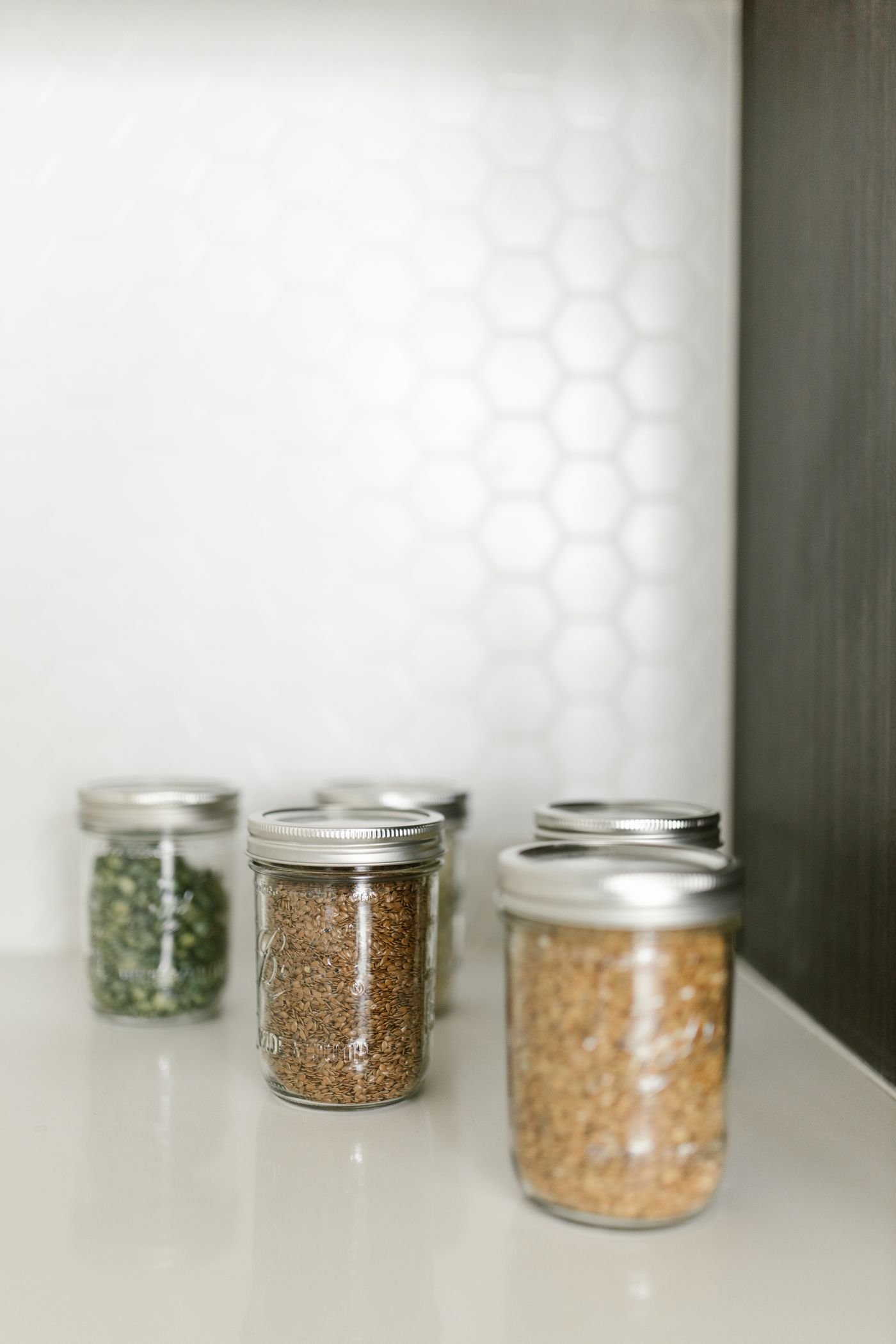 Squat Glass Pantry Jars with Silver Lids, set of five