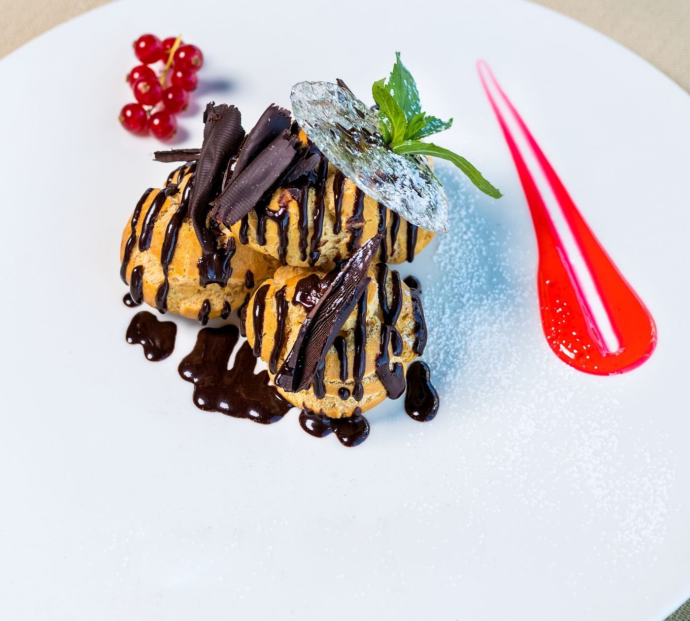 Chocolate-Striped Profiteroles with Red Currants