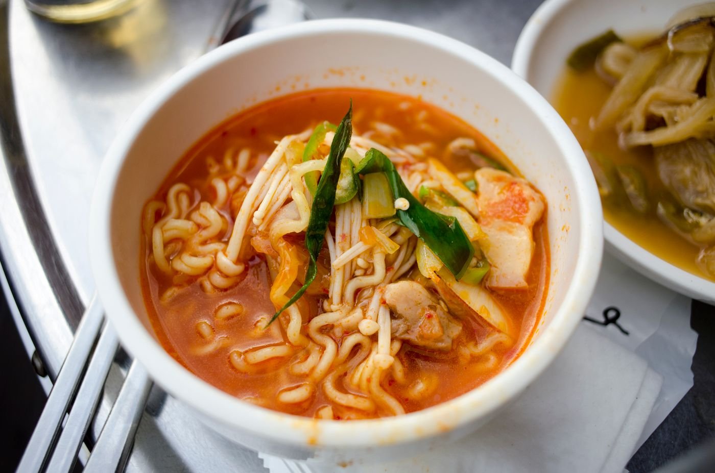 Spicy Pork Ramyeon with Enoki Mushrooms and Scallions