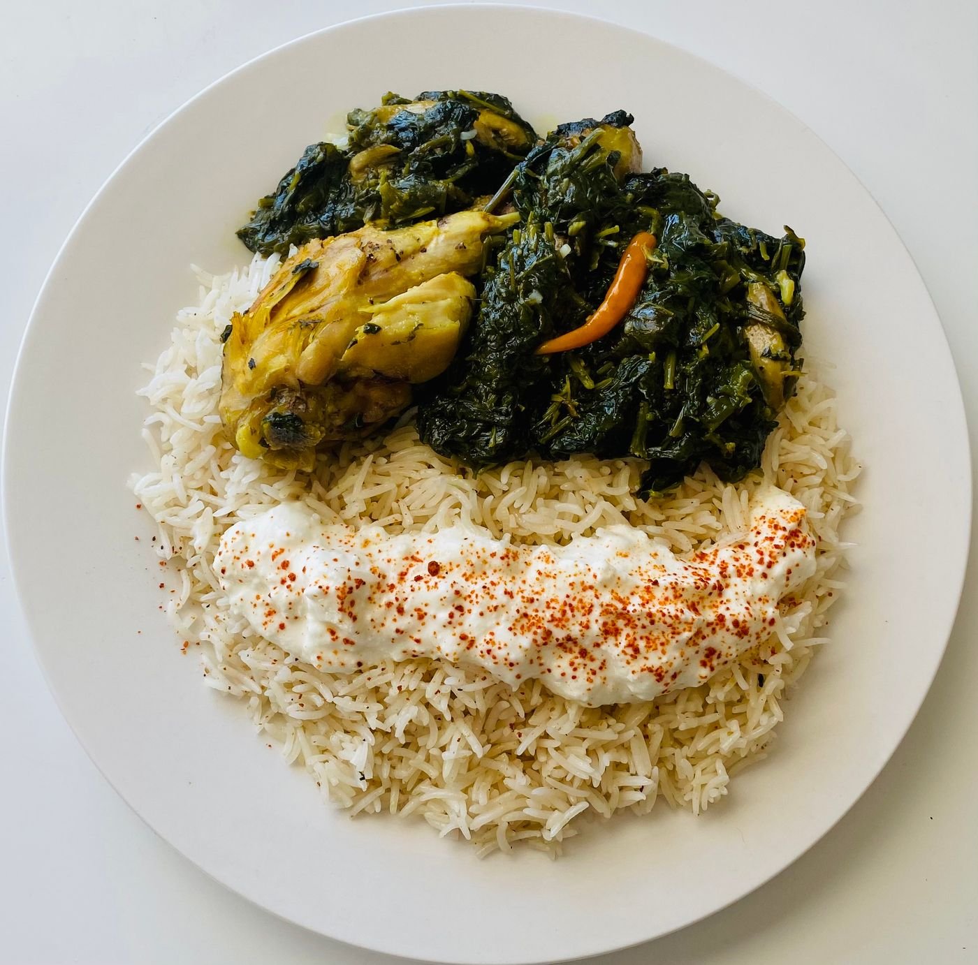 Turmeric Chicken with Garlicky Spinach, Basmati and Paprika Yogurt