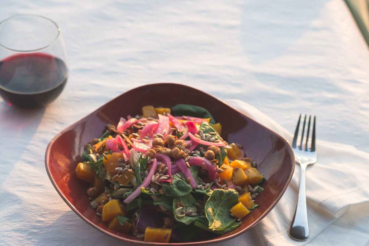 Roasted Squash and Spinach Salad with Crispy Chickpeas